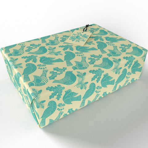 Christmas Folk Robins Blue Wrapping Paper • 100% Recycled - 100gsm