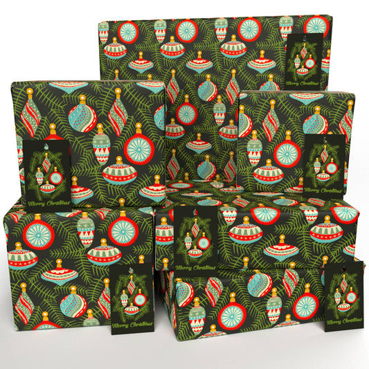 Christmas Baubles Black Wrapping Paper • 100% Recycled - 100gsm