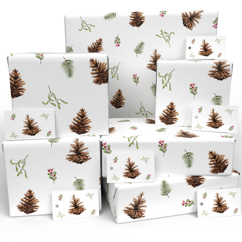 Christmas Fir Cones & Mistletoe Wrapping Paper • Vegan Ink - 100gsm