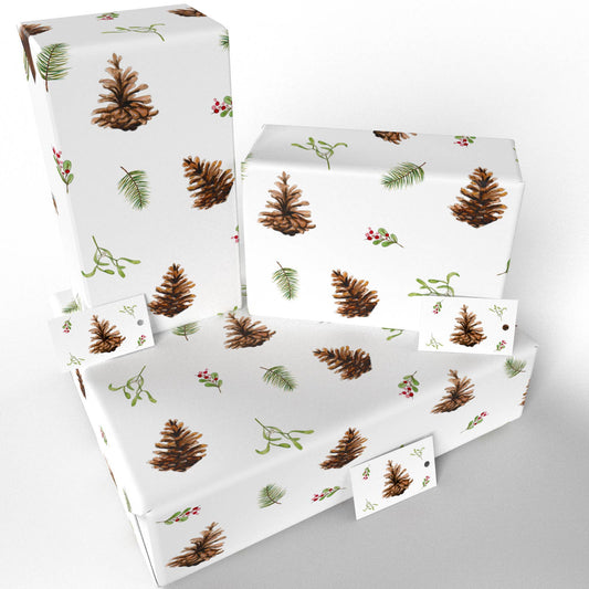 Christmas Fir Cones & Mistletoe Wrapping Paper • Vegan Ink - 100gsm