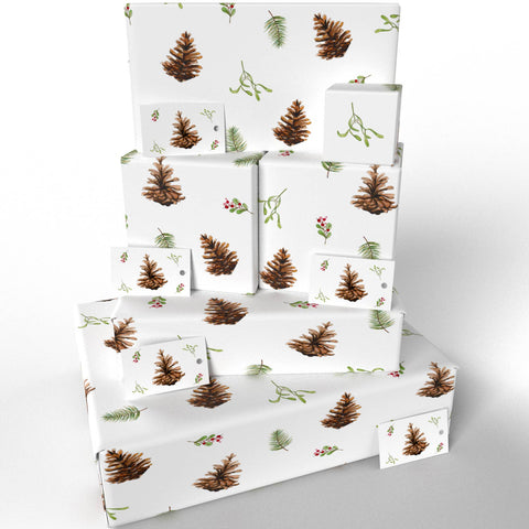 Christmas Fir Cones & Mistletoe Wrapping Paper • Vegan Ink - 100gsm