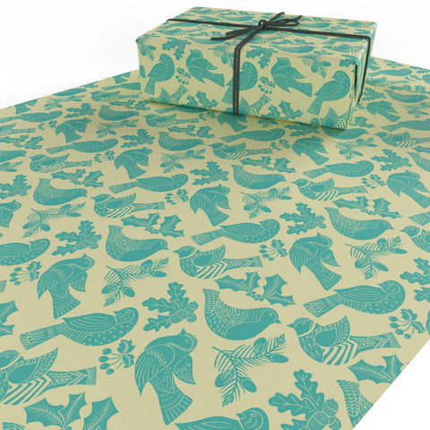 Christmas Folk Robins Blue Wrapping Paper • 100% Recycled - 100gsm