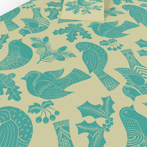 Christmas Folk Robins Blue Wrapping Paper • 100% Recycled - 100gsm