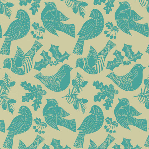 Christmas Folk Robins Blue Wrapping Paper • 100% Recycled - 100gsm