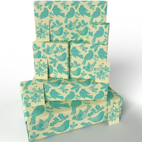 Christmas Folk Robins Blue Wrapping Paper • 100% Recycled - 100gsm