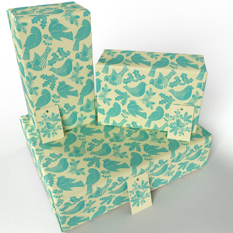 Christmas Folk Robins Blue Wrapping Paper • 100% Recycled - 100gsm